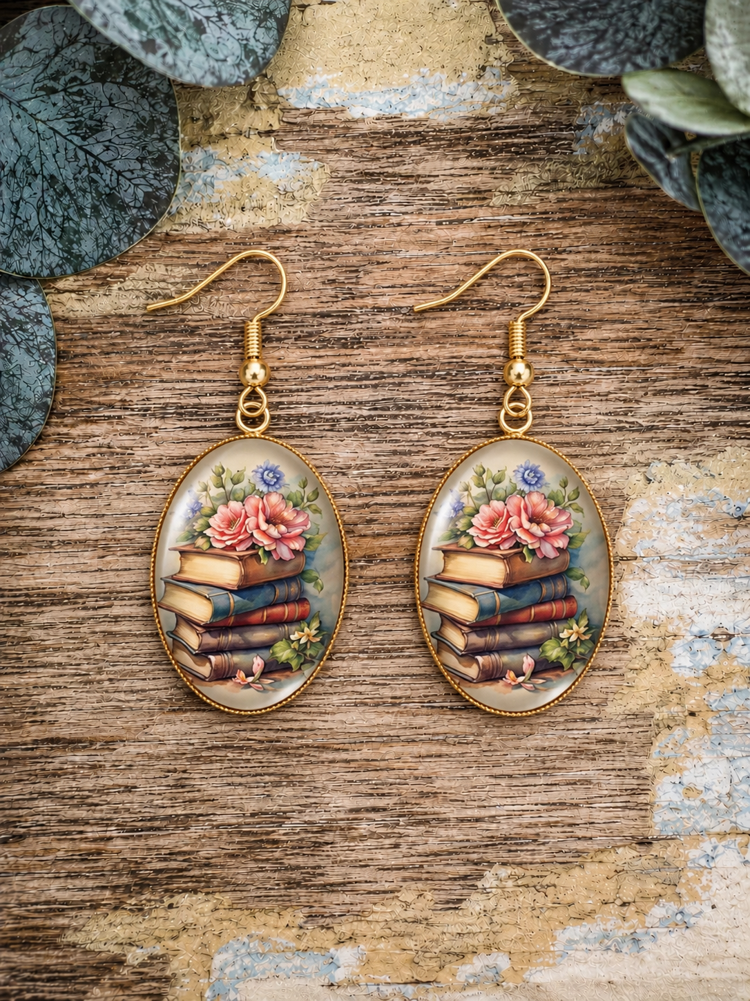 Vintage Book & Floral Drop Earrings