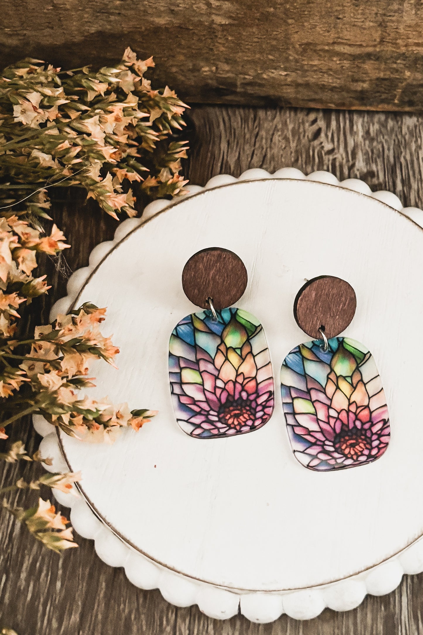Beautiful Wood and Stained Glass Effect Earrings