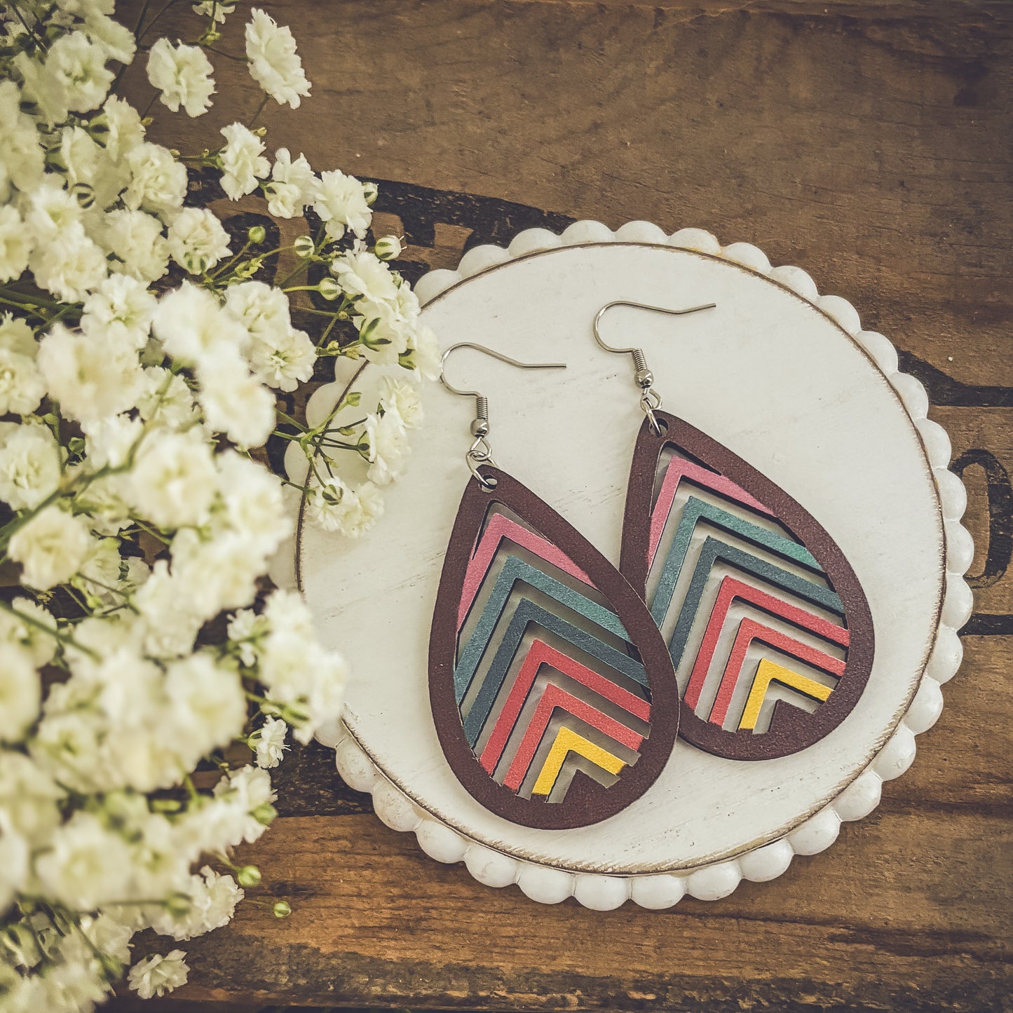 Wooden Rainbow Mountains Laser Cut Earrings