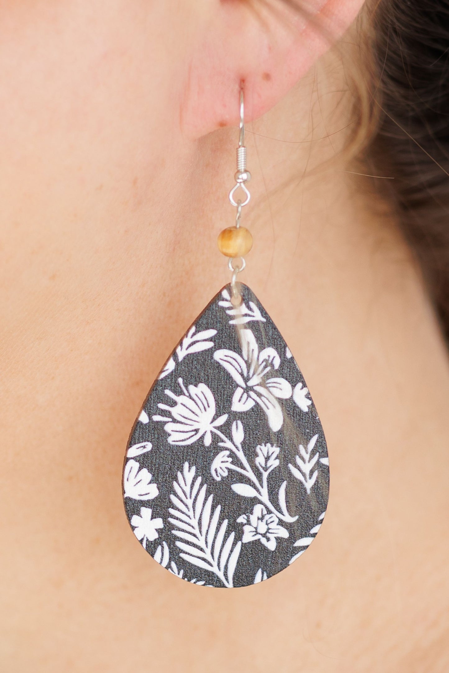 Beautiful Black and White Wood Floral Drop Earrings