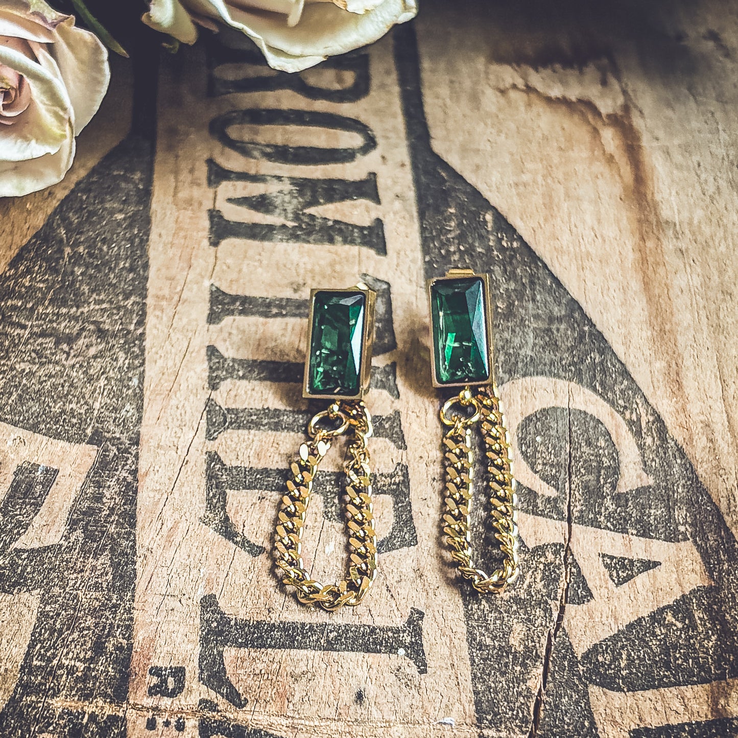 Beautiful Gold Chain and Emerald Earrings
