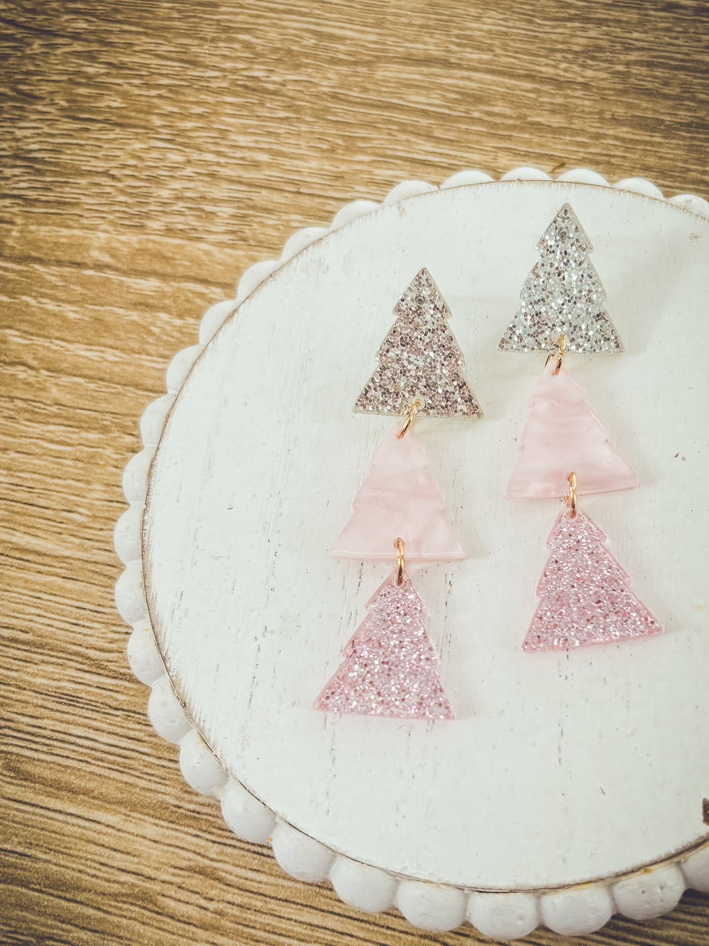 Beautiful Pink Glimmer Christmas Tree Earrings