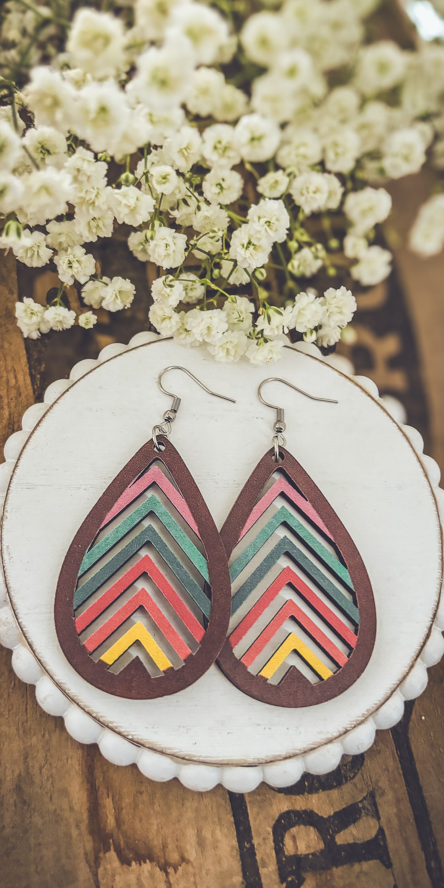 Wooden Rainbow Mountains Laser Cut Earrings