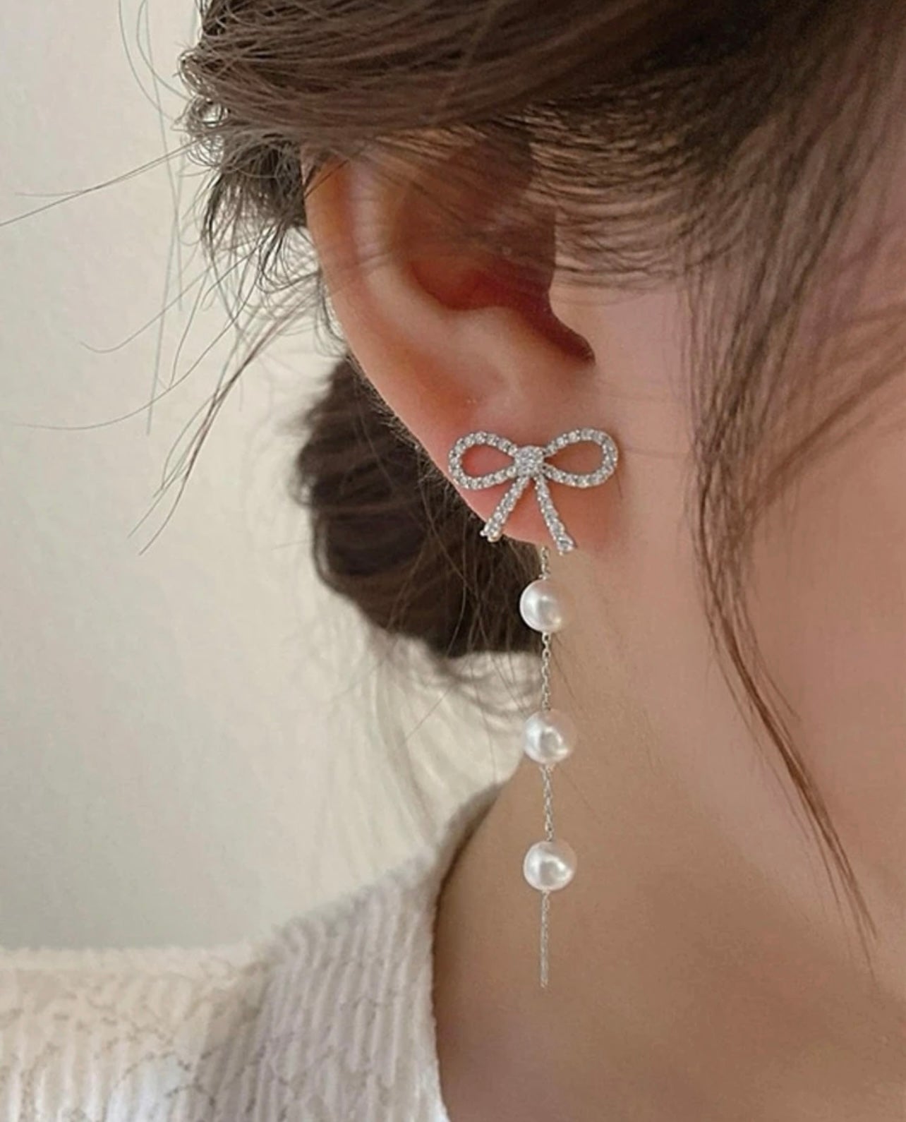 Beautiful Crystal Bow and Pearl Drop Earrings