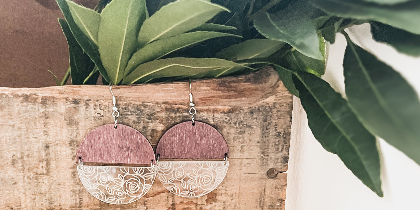 Wood Acrylic Rose Flower Earrings