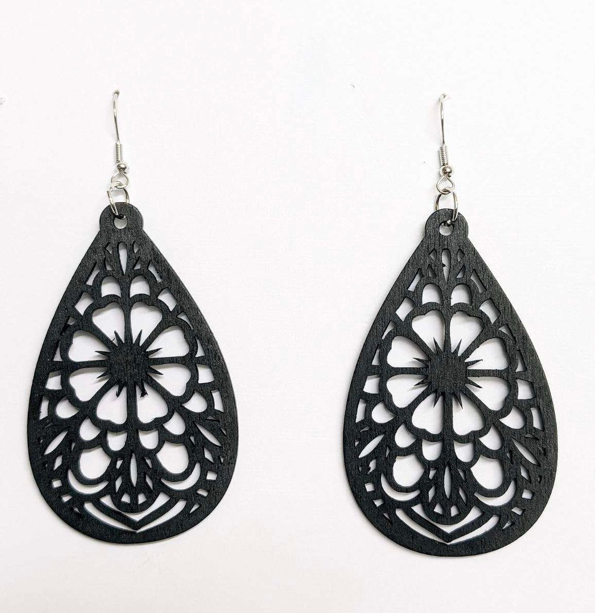 Beautiful Black Laser Cut Wood Floral Earrings