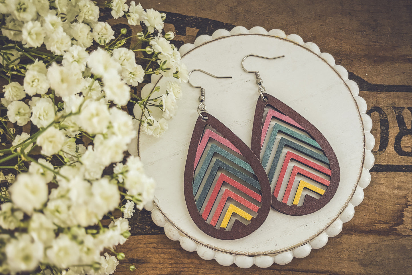 Wooden Rainbow Mountains Laser Cut Earrings