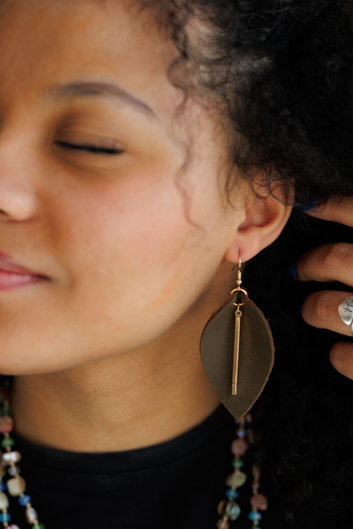 Genuine Leather Leaf Earrings with Gold Bar