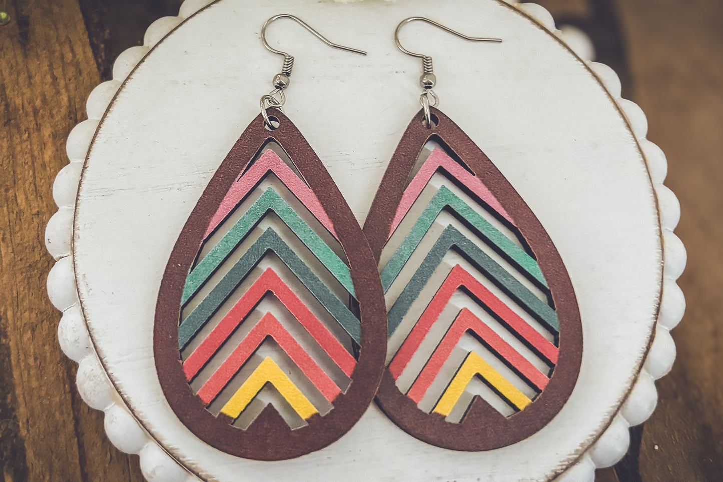 Wooden Rainbow Mountains Laser Cut Earrings
