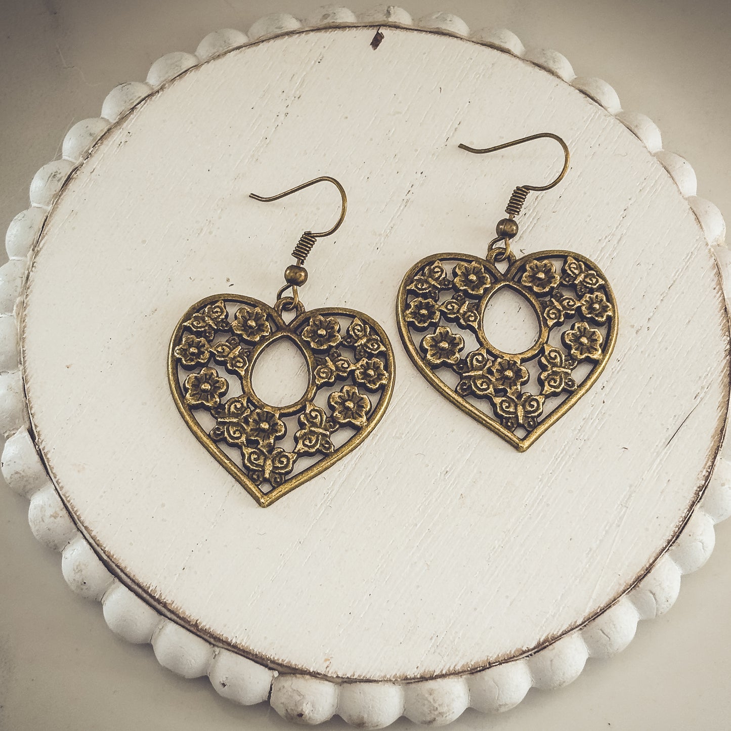 Beautiful Bronze Floral Heart Earrings