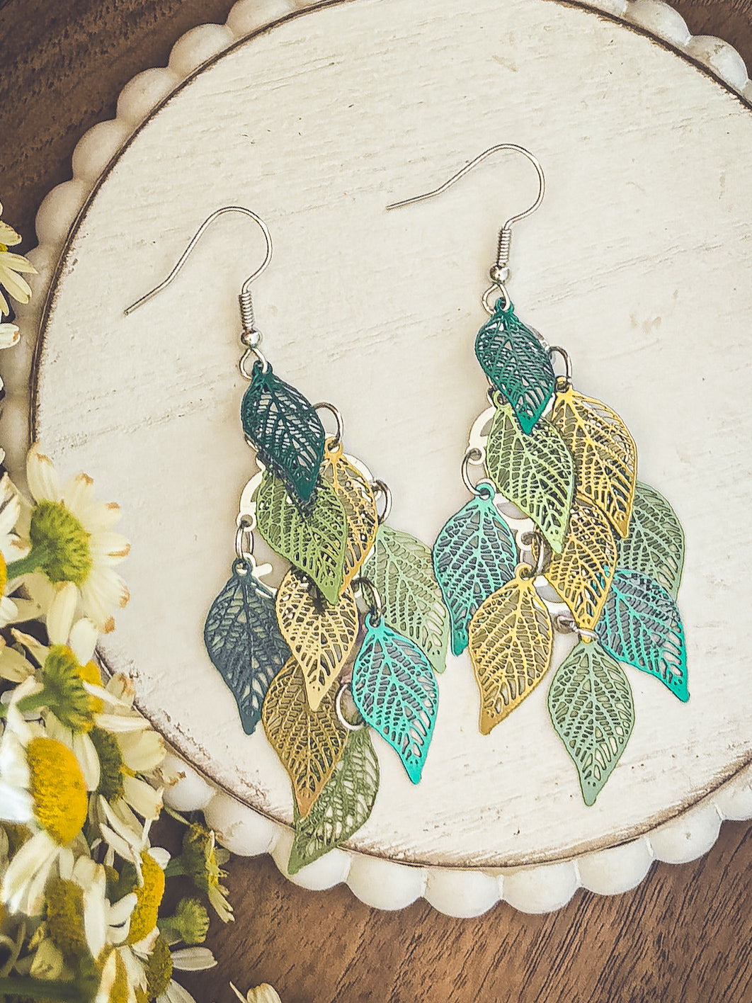 Beautiful Green Leaf Chandelier Earrings
