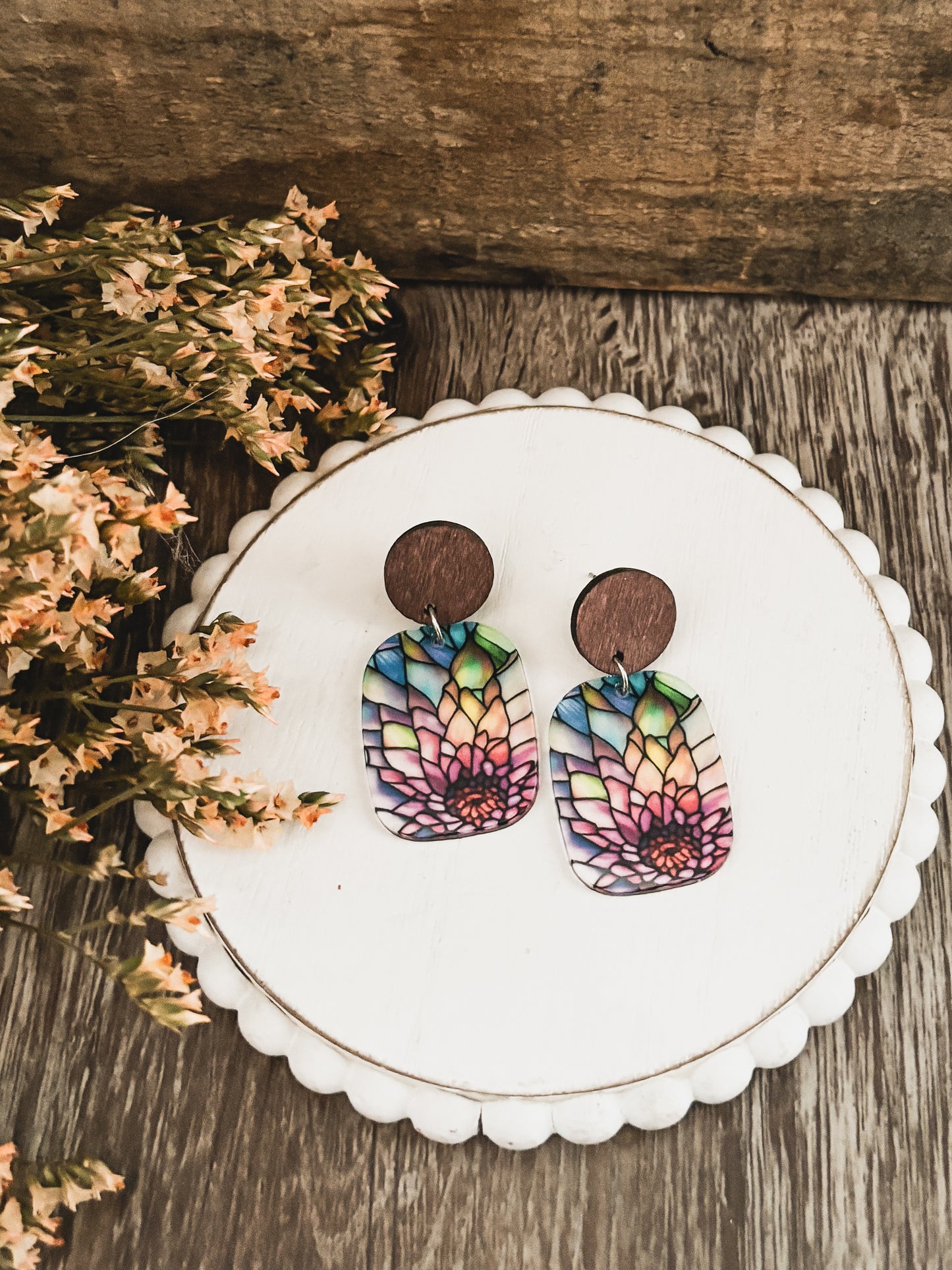Beautiful Wood and Stained Glass Effect Earrings