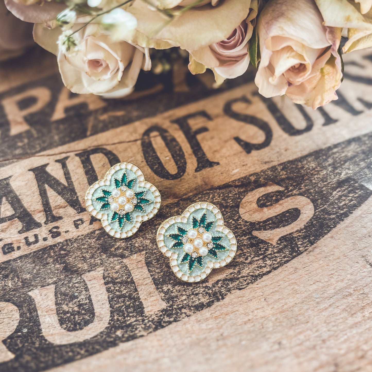 Beautiful Vintage Green and Pearl Stud Earrings