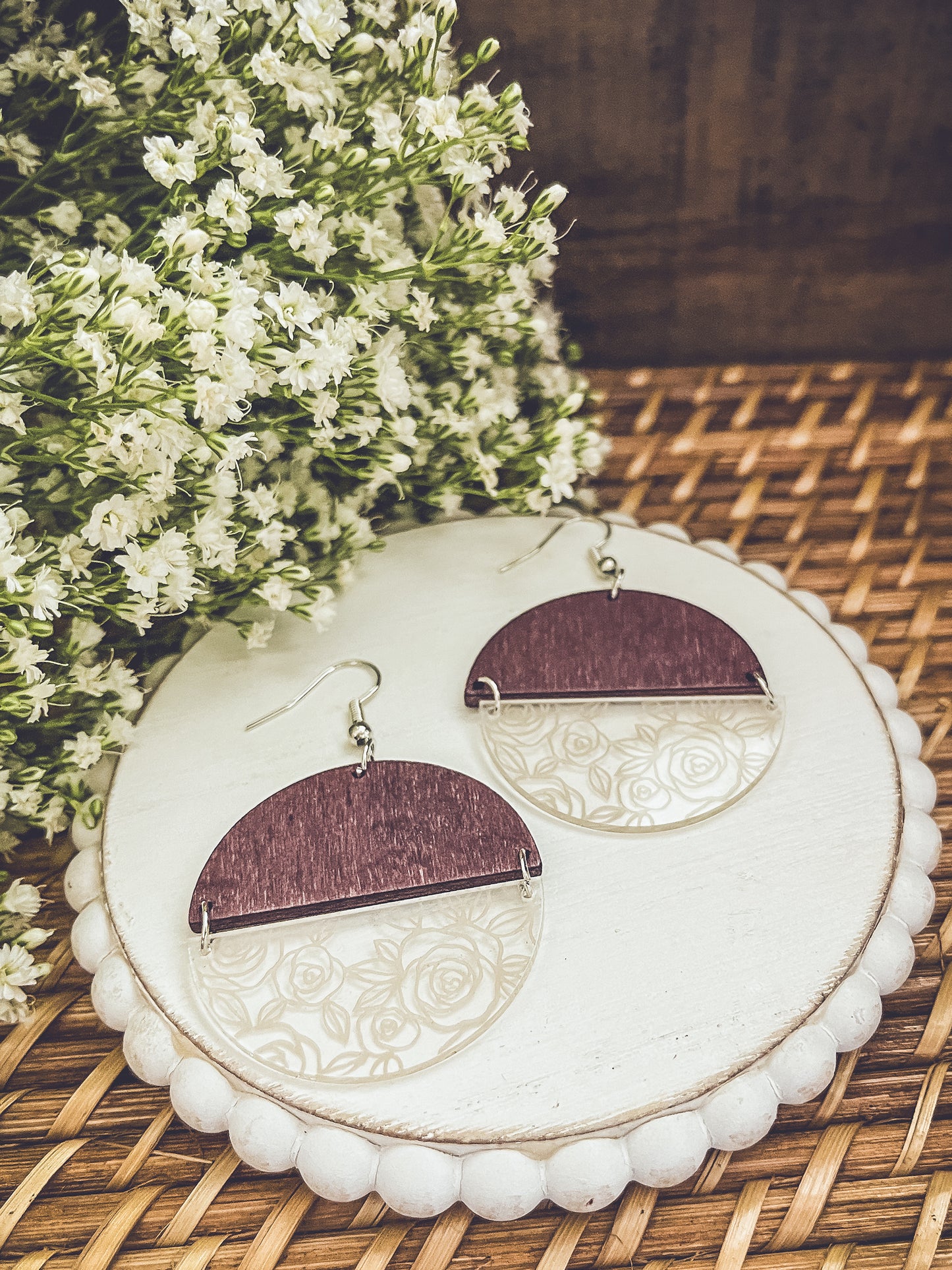 Wood Acrylic Rose Flower Earrings