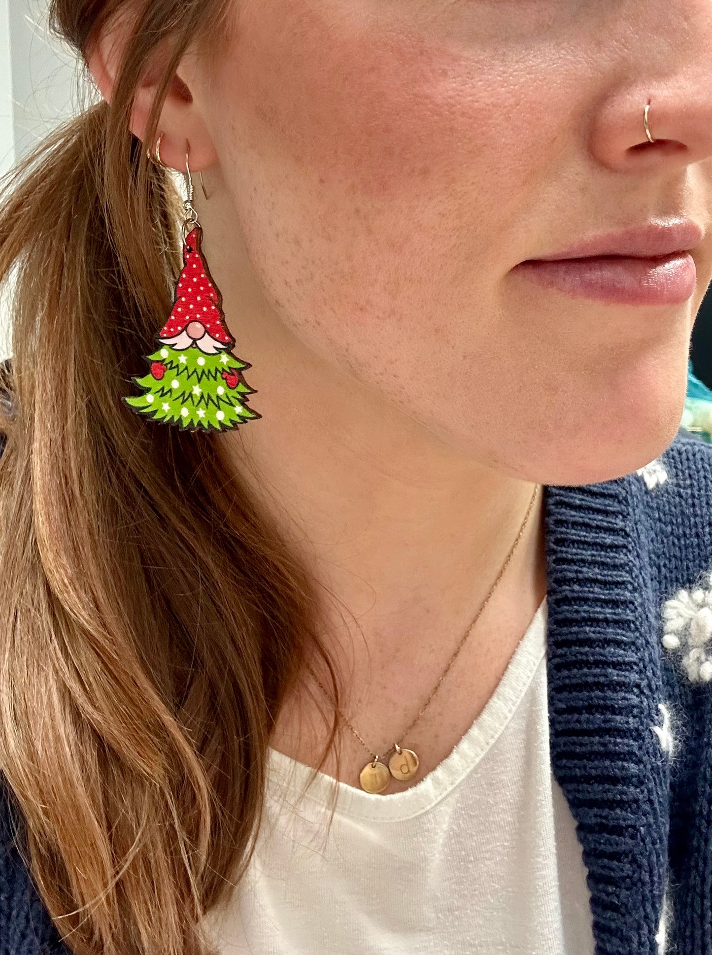 Adorable Gnome Christmas Tree Wooden Drop Earrings