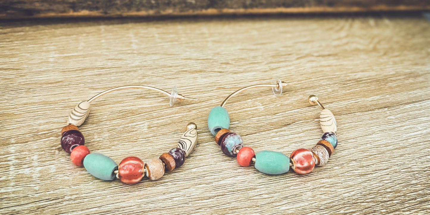 Bohemian Colorful Beaded Stone Hoop Earrings