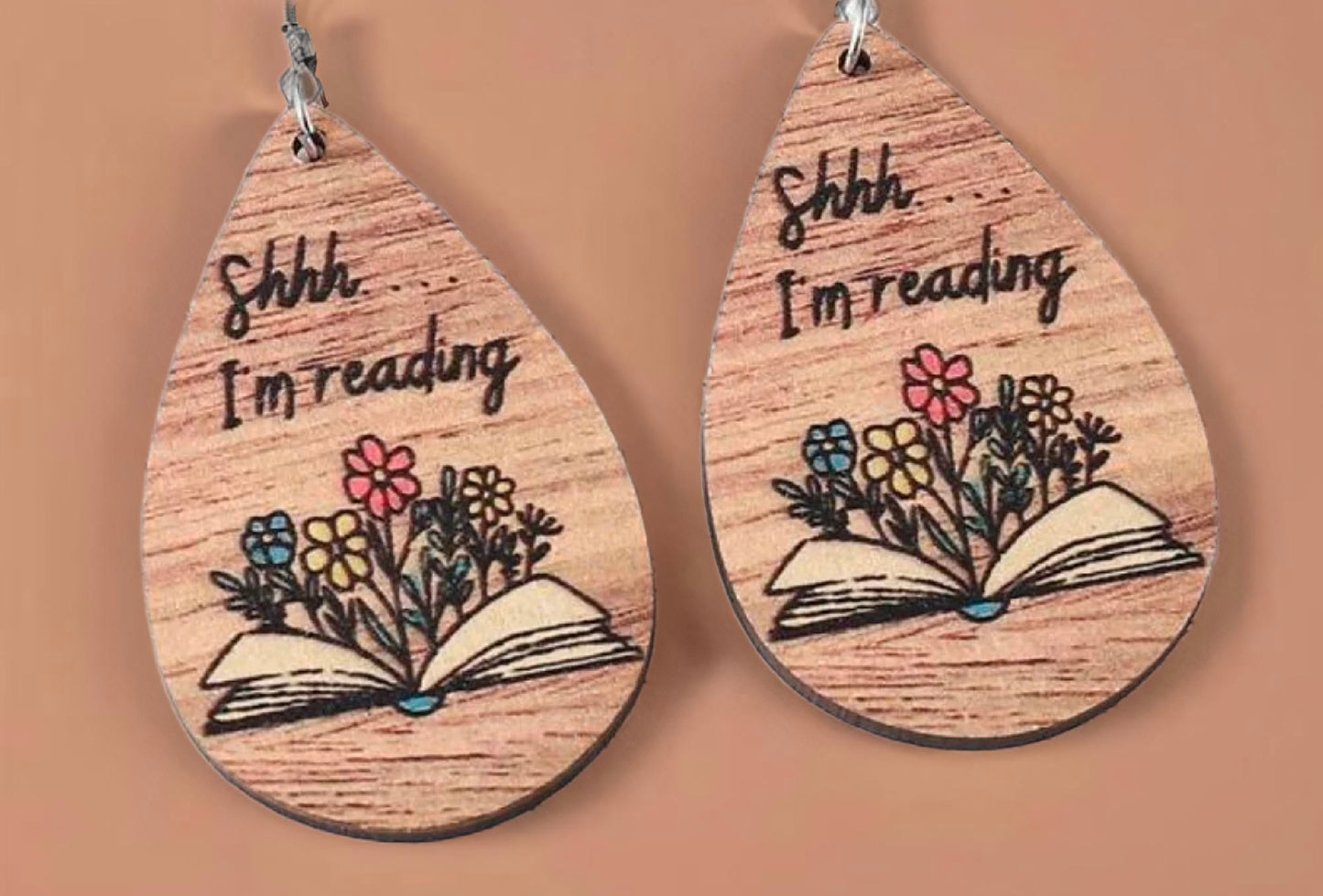 Adorable Wood Shhhh I am Reading Earrings