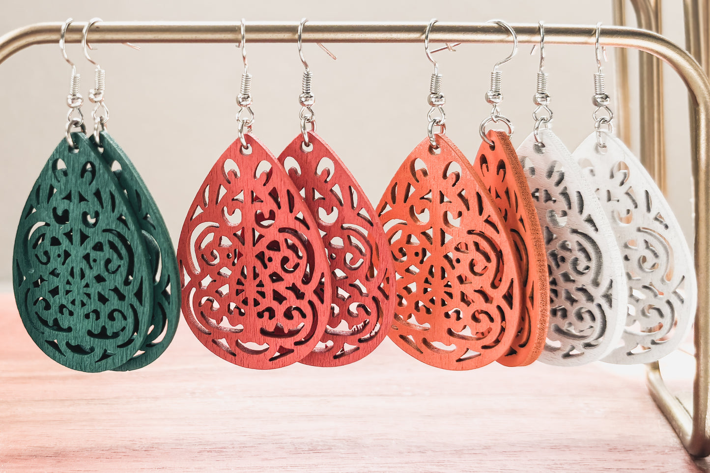 Set of Four Beautiful Carved Wood Earrings