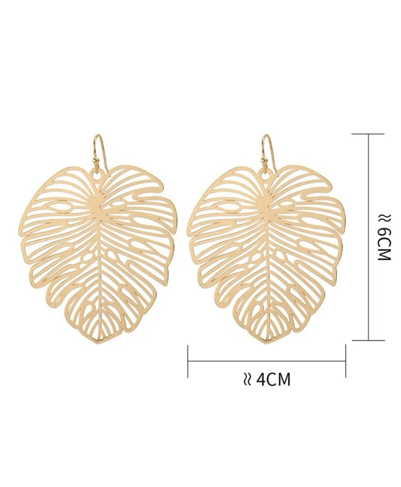 Gold-toned metal fishhook earrings featuring an intricate hollow monstera leaf design, measuring approximately 6cm in length and 4cm in width
