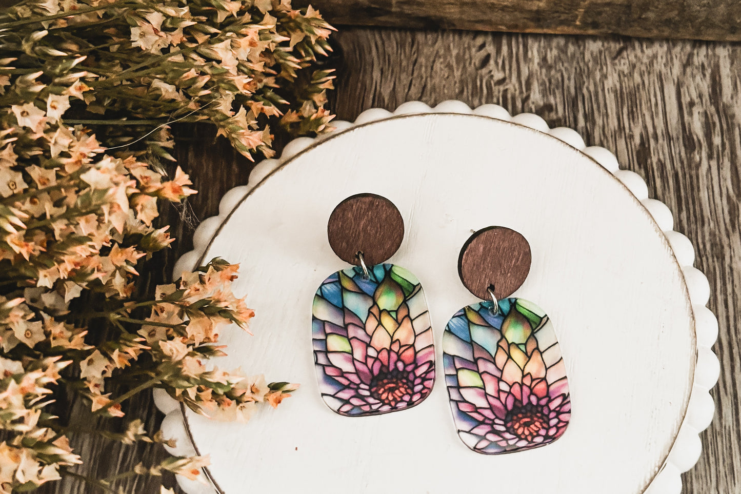 Beautiful Wood and Stained Glass Effect Earrings