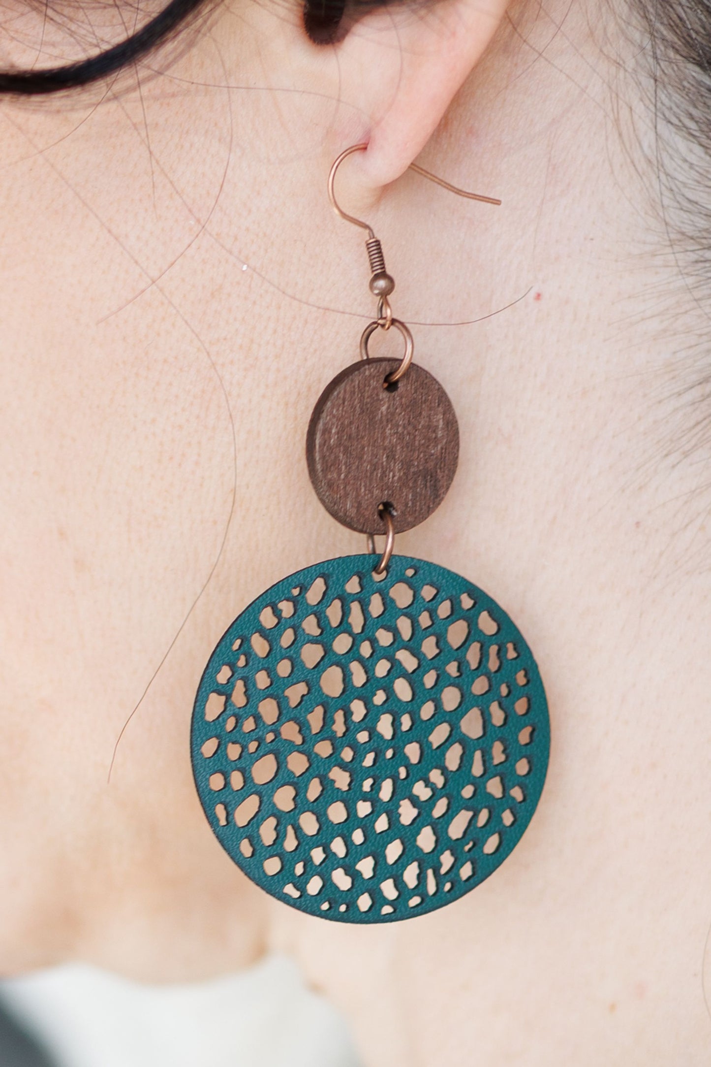 Beautiful Green Leather and Wood Earrings