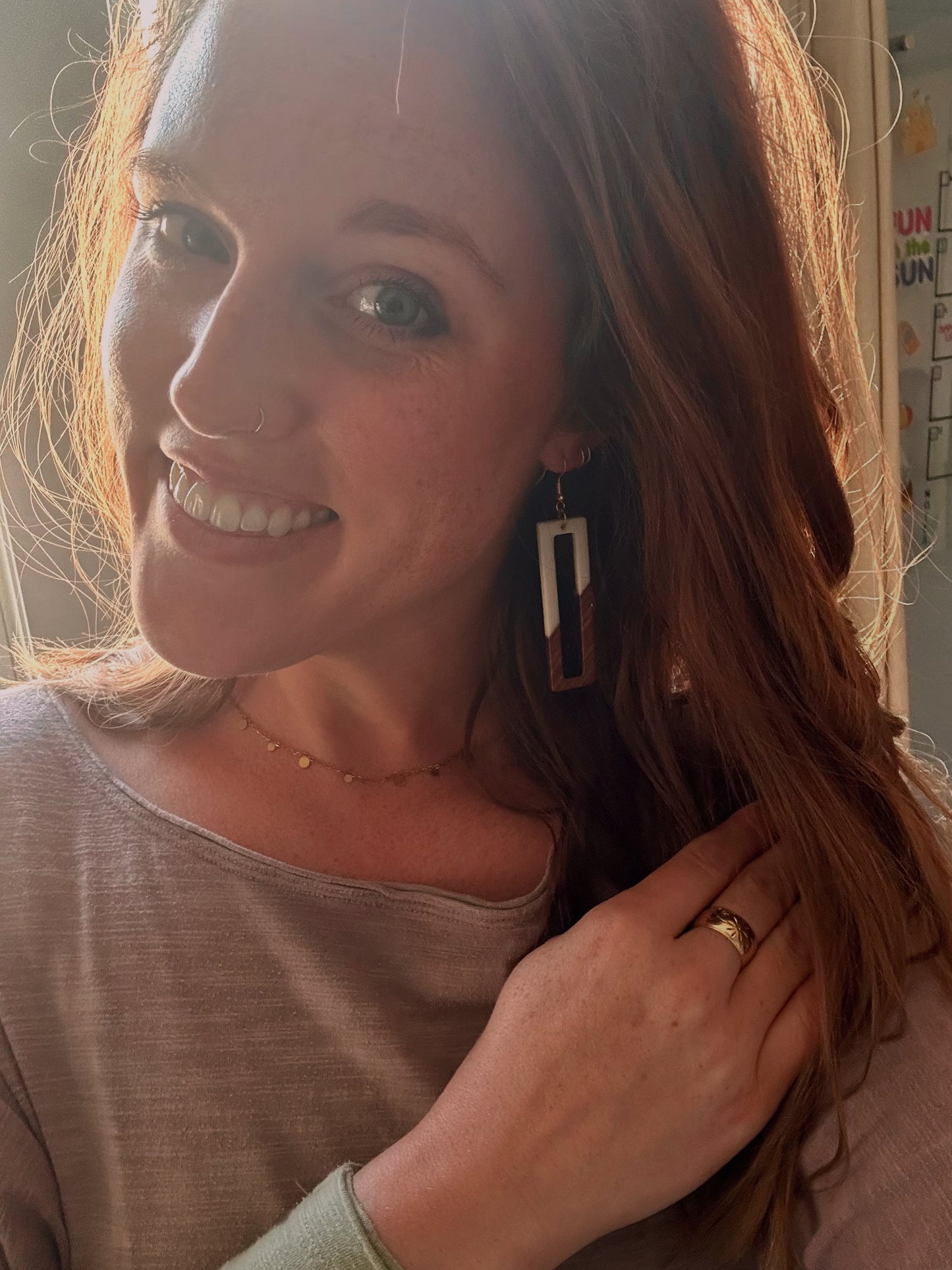 Rectangular White Resin and Wood Earrings