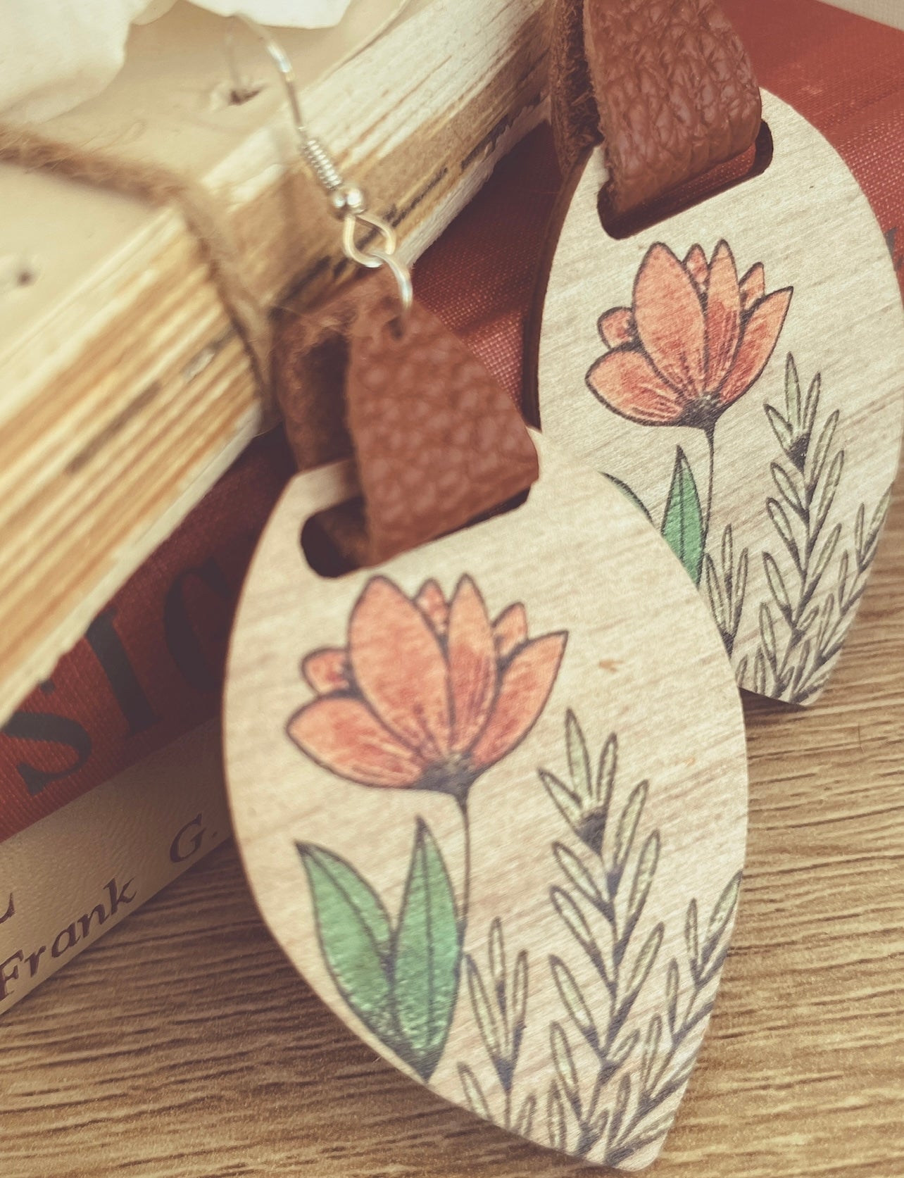 Beautiful Wood and Leather with Painted Peach Flower Drop Earrings