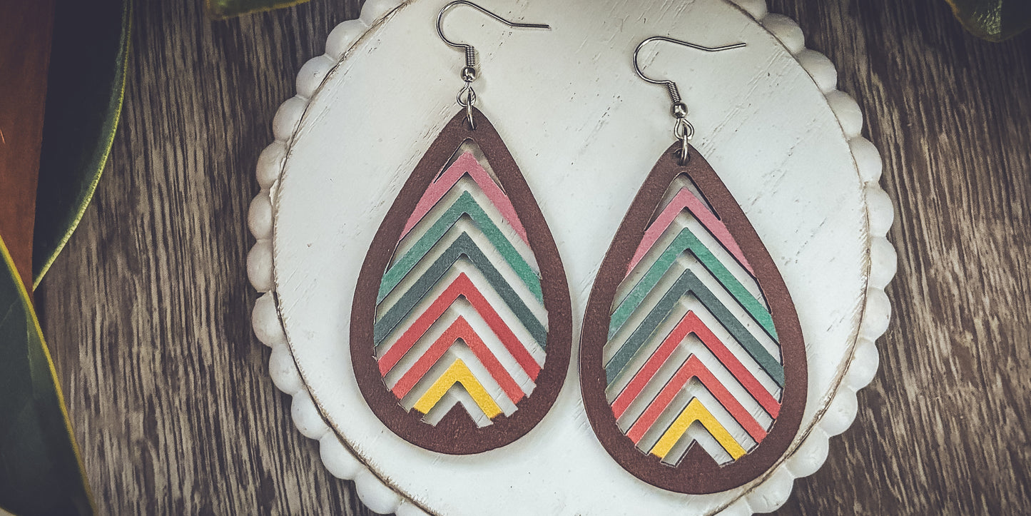 Wooden Rainbow Mountains Laser Cut Earrings