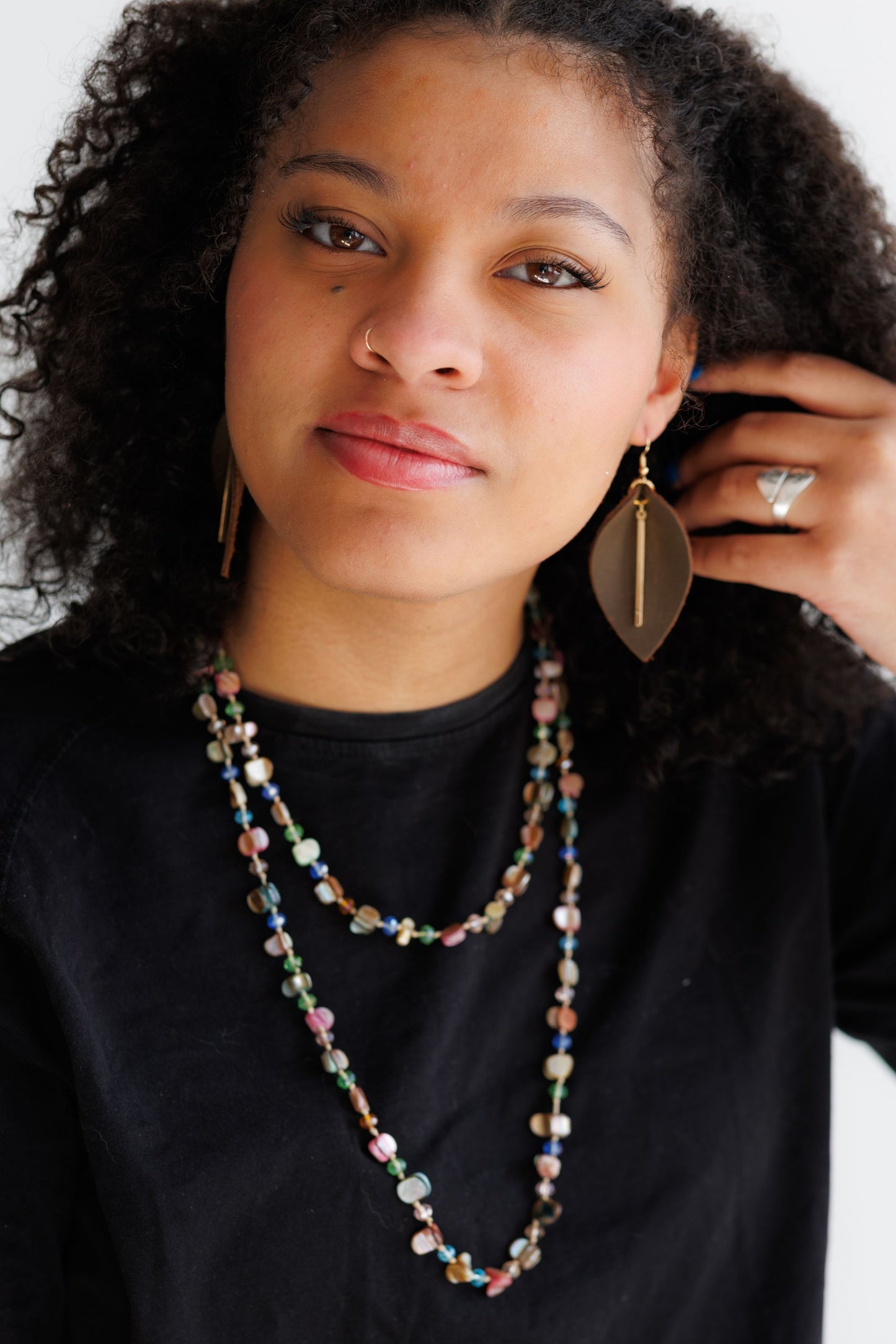 Genuine Leather Leaf Earrings with Gold Bar
