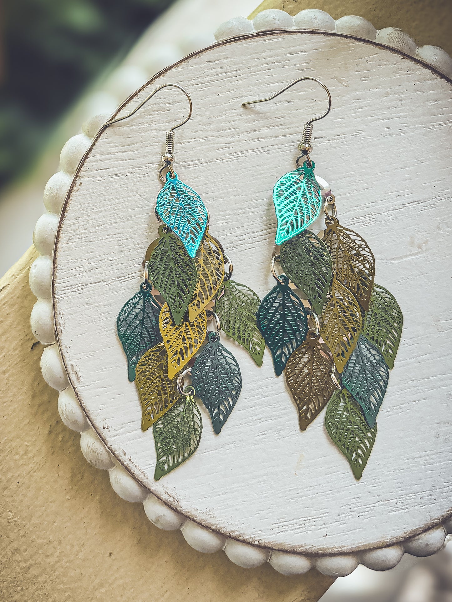 Beautiful Green Leaf Chandelier Earrings