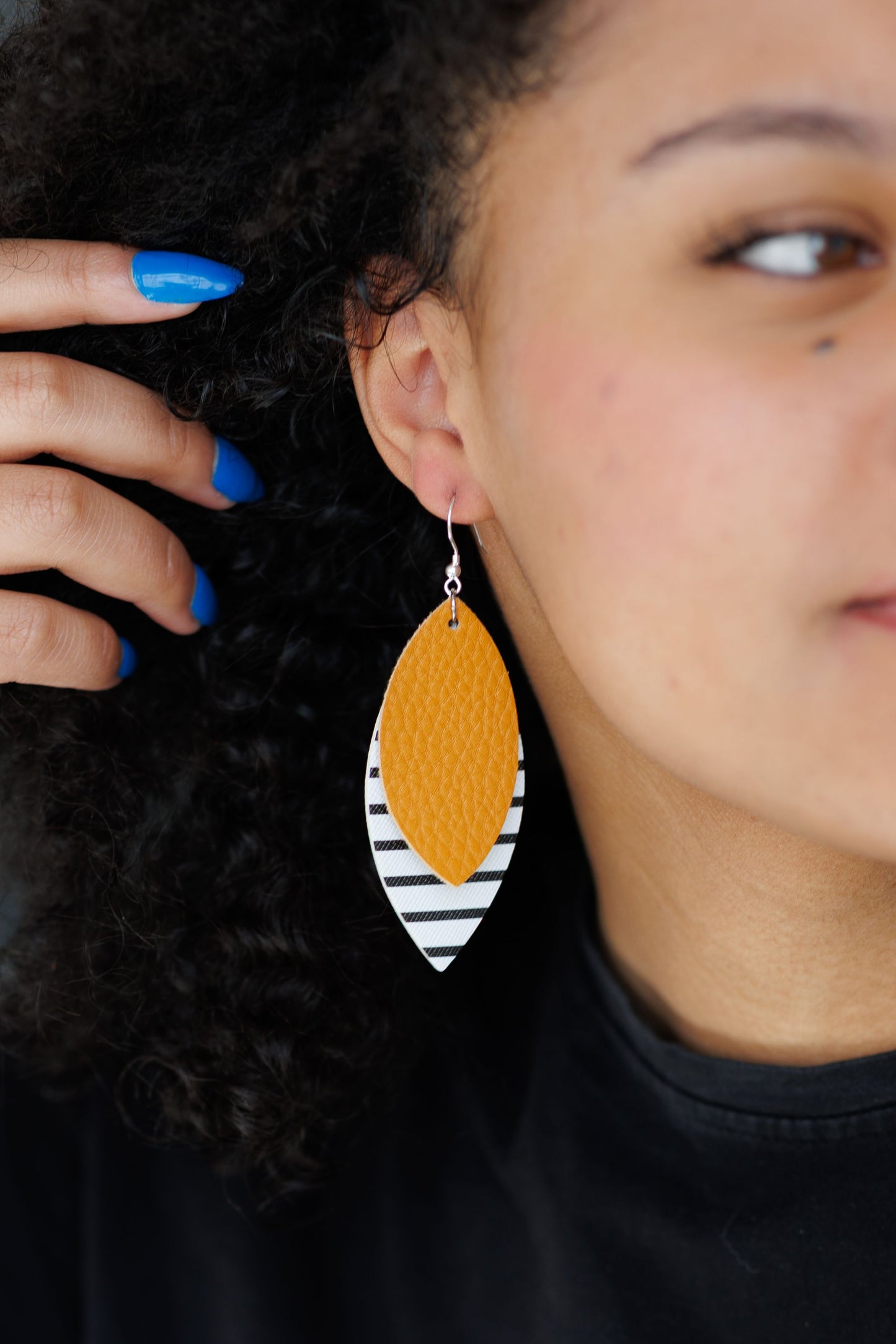 Mustard and Striped Leaf Drop Earrings