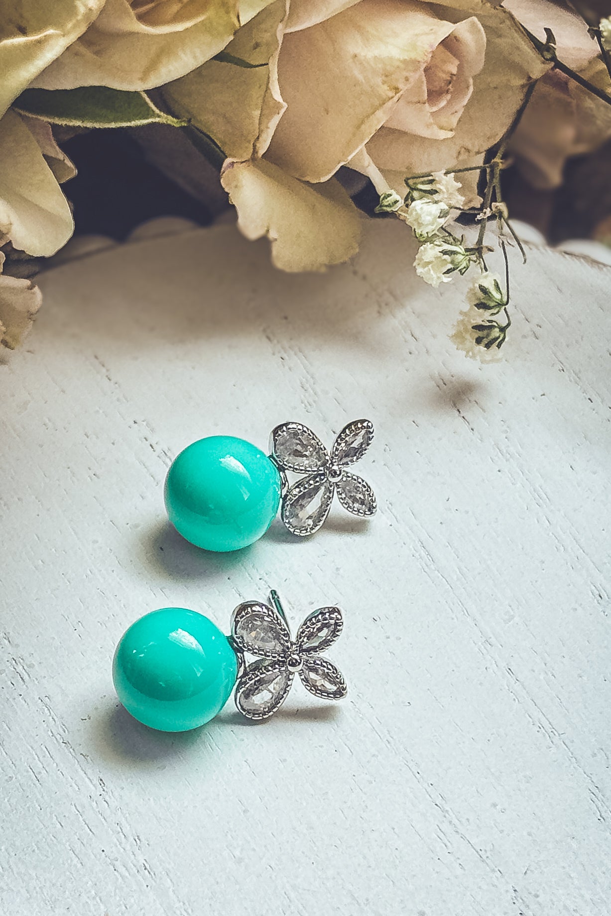 Beautiful Turquoise Ball and Crystal Stud Earrings