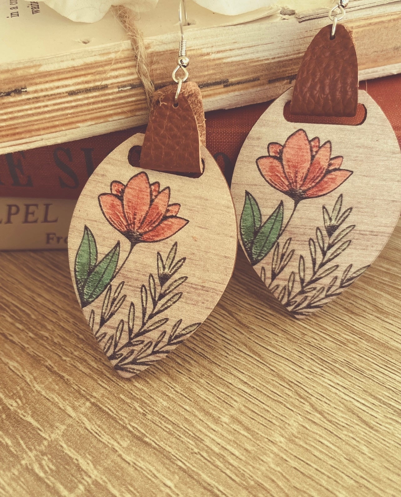 Beautiful Wood and Leather with Painted Peach Flower Drop Earrings