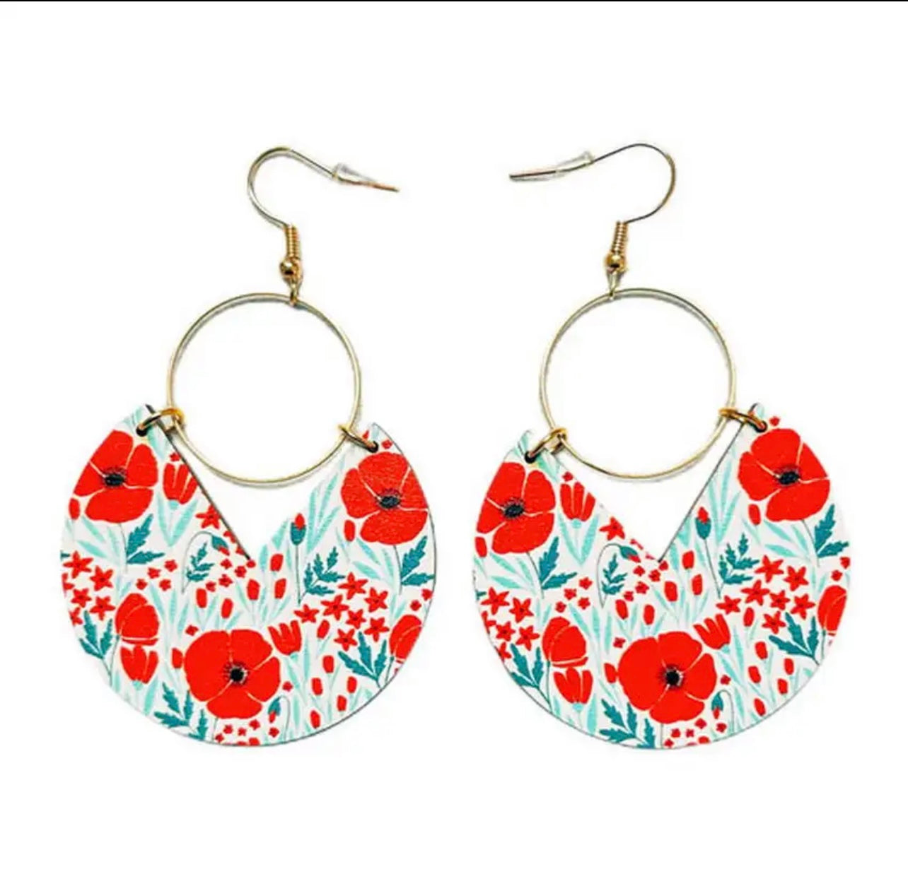 Beautiful Geometric Wood and Gold Poppy Earrings