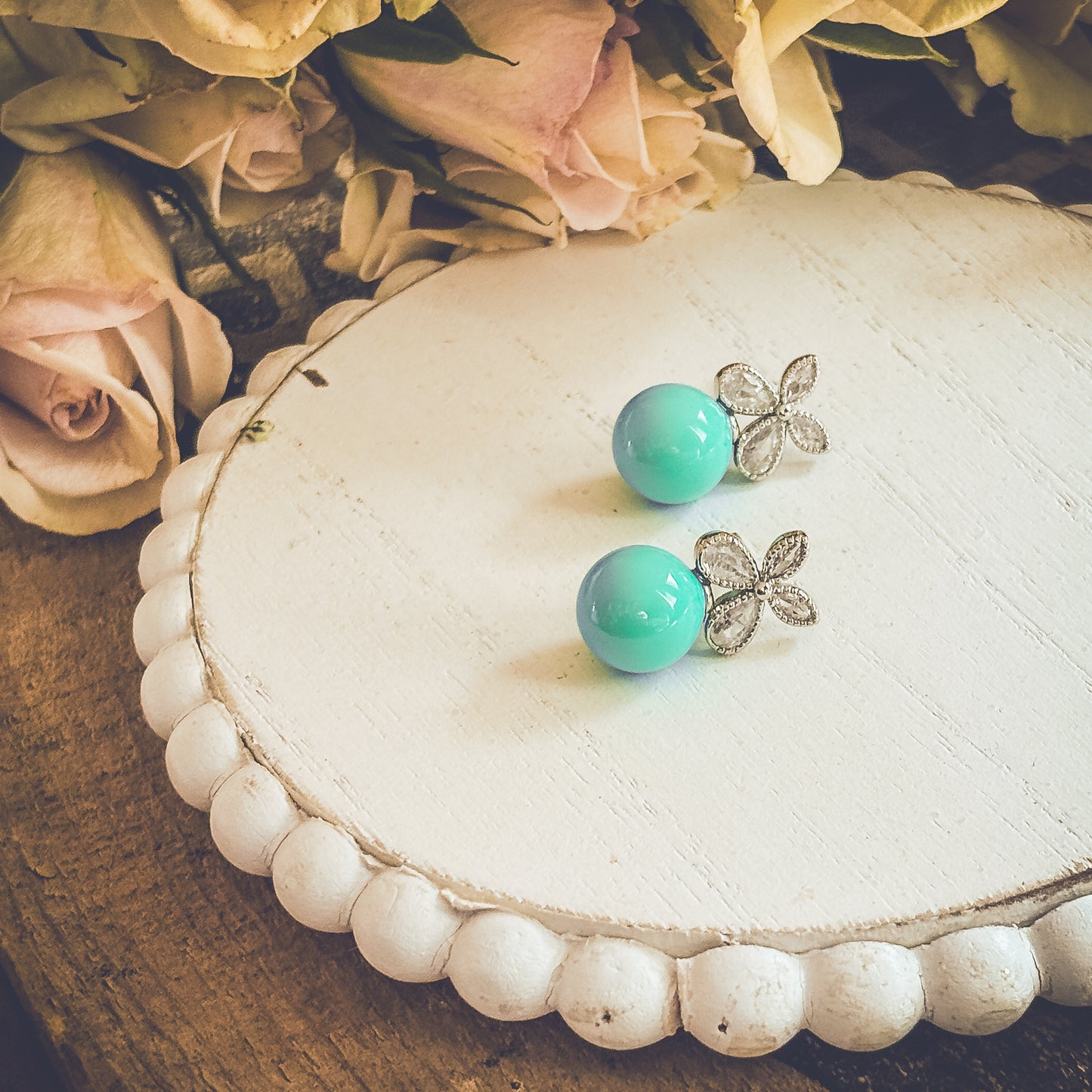 Beautiful Turquoise Ball and Crystal Stud Earrings