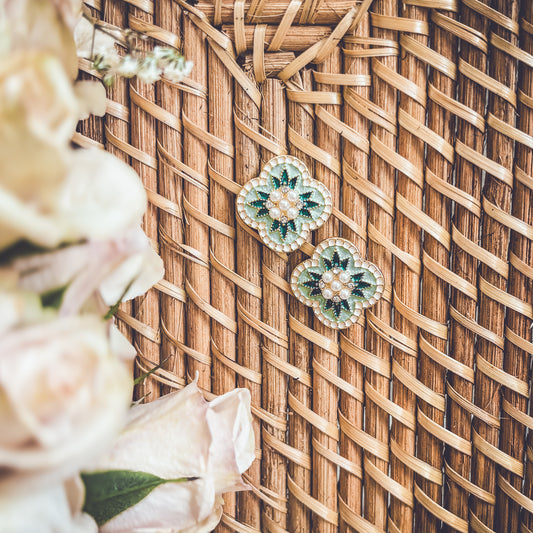 Beautiful Vintage Green and Pearl Stud Earrings