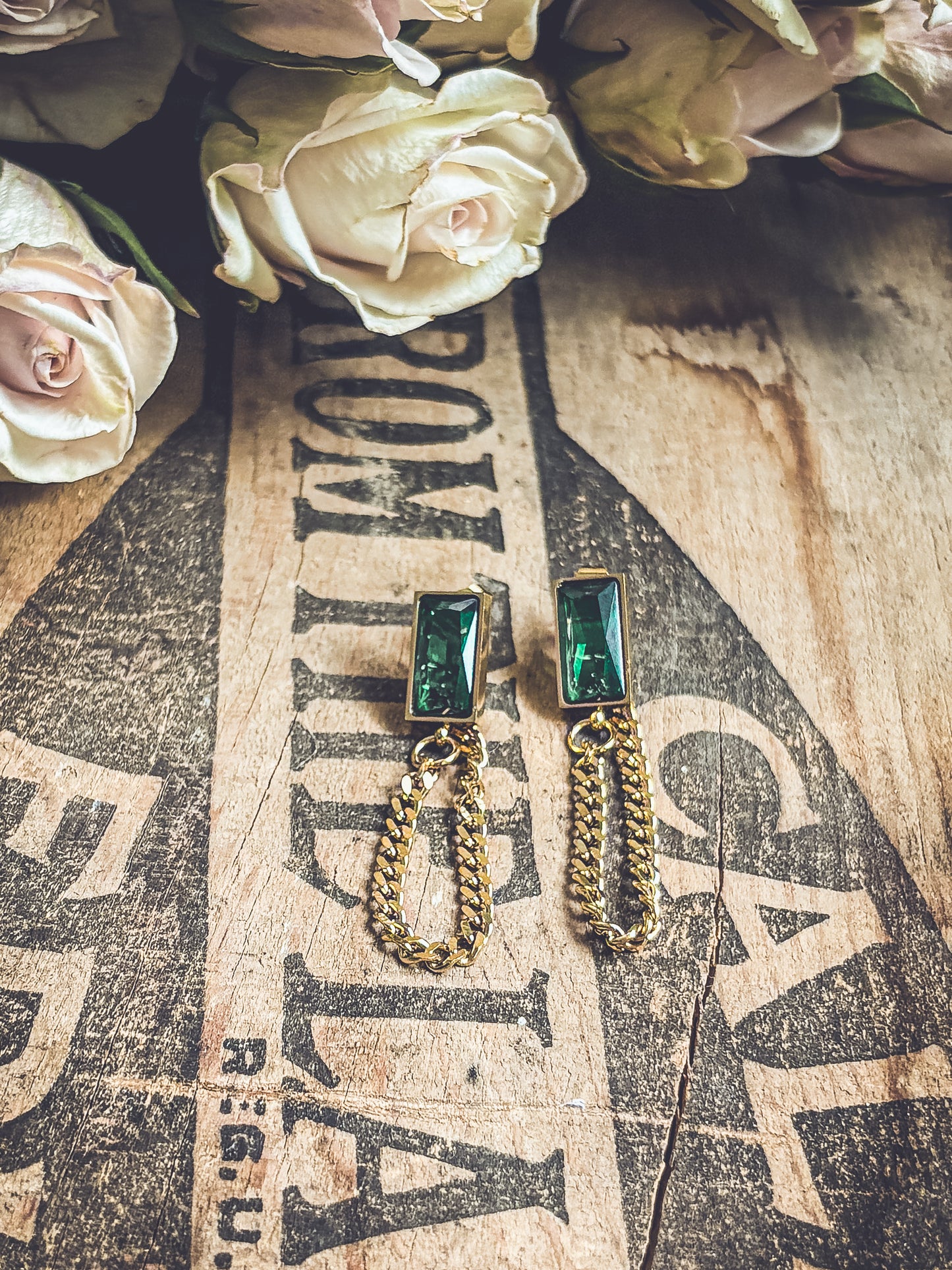 Beautiful Gold Chain and Emerald Earrings