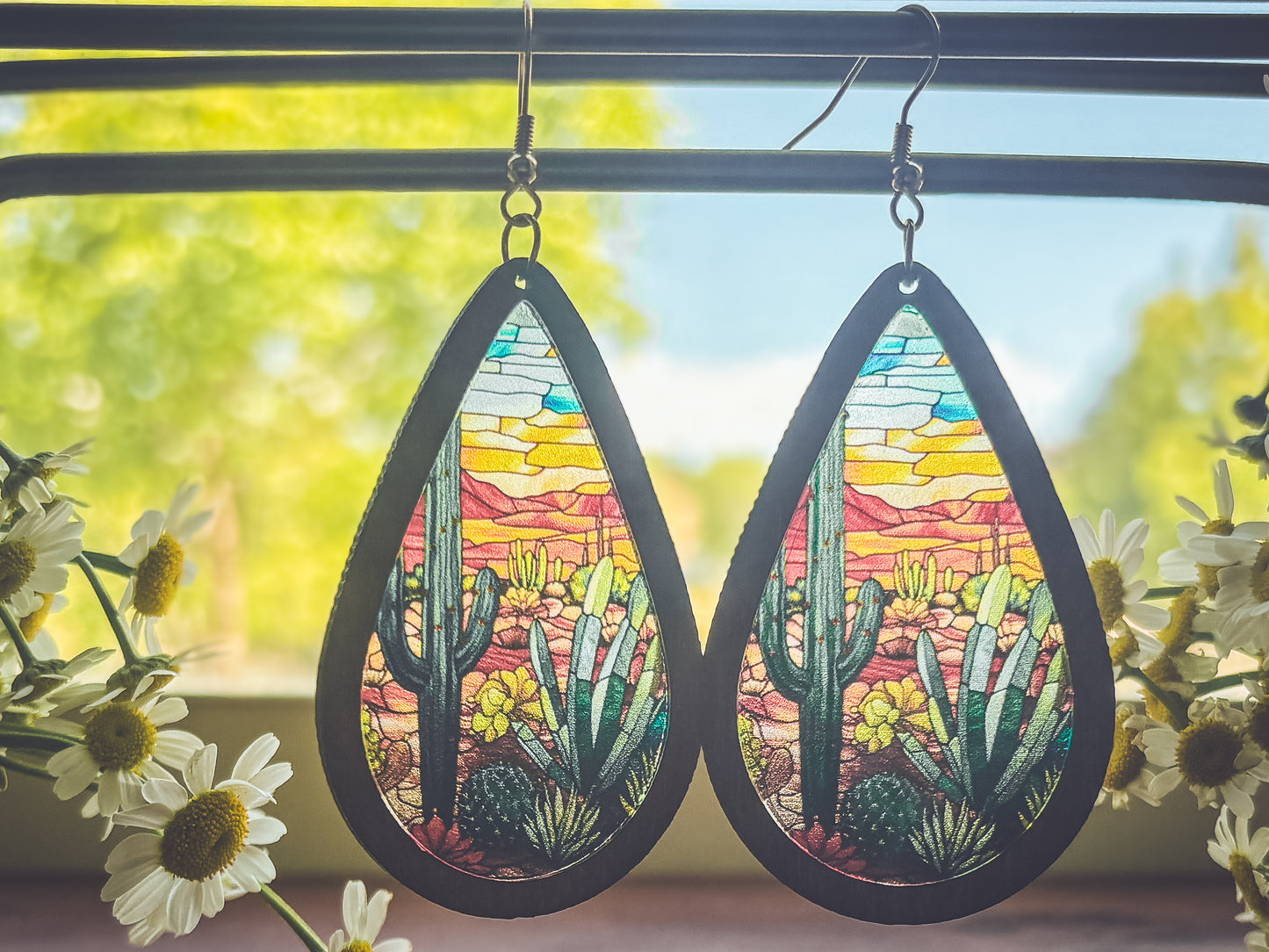 Beautiful Wood and Stained Glass Effect Earrings