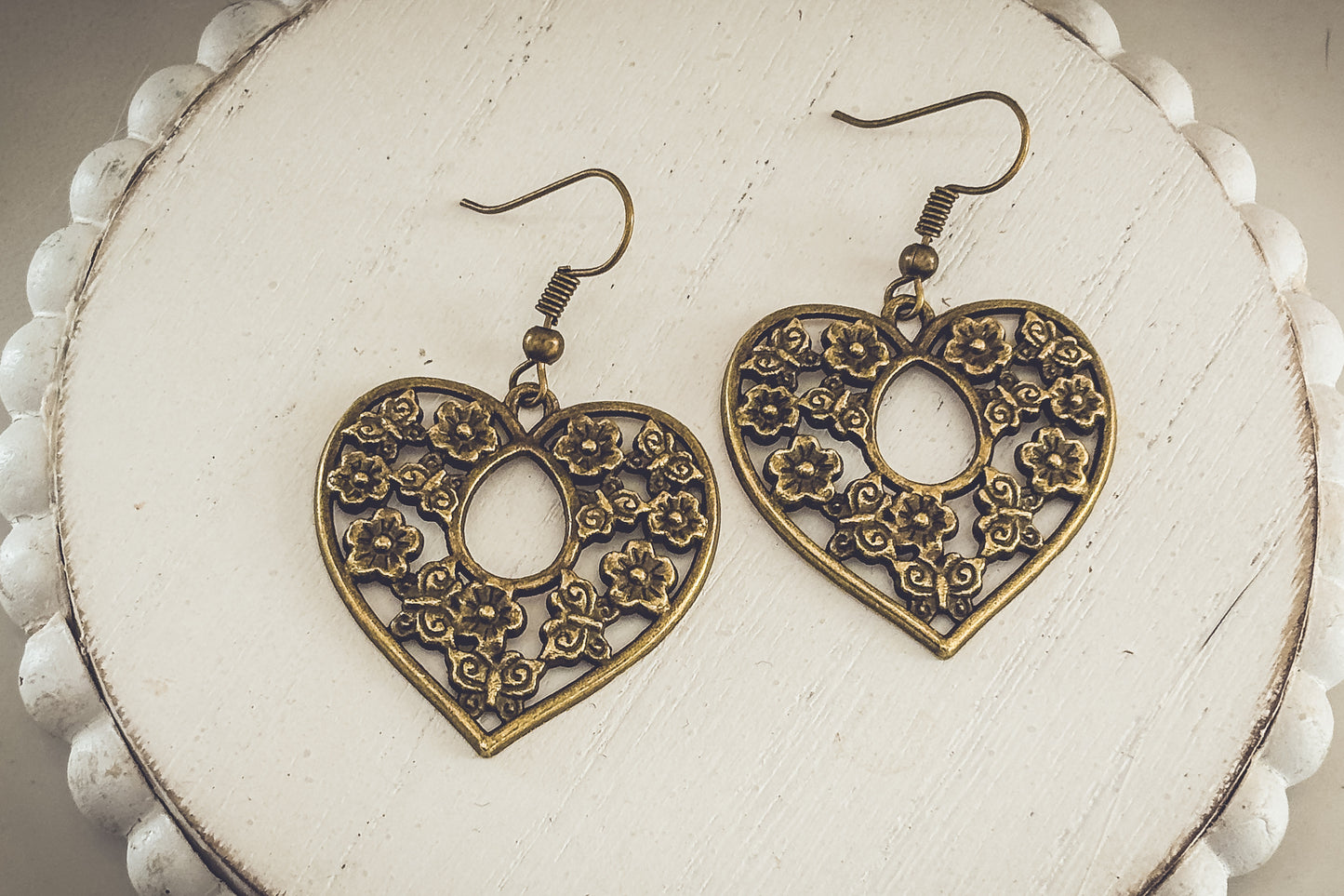 Beautiful Bronze Floral Heart Earrings