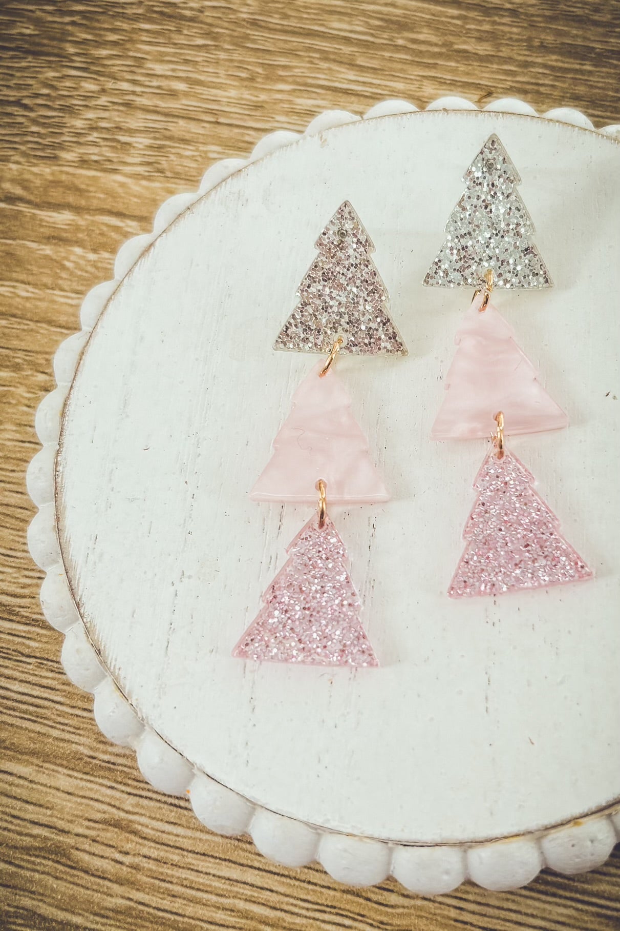 Beautiful Pink Glimmer Christmas Tree Earrings