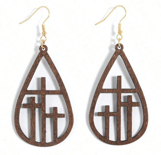 Beautiful Cross at Calvary Wood Earrings