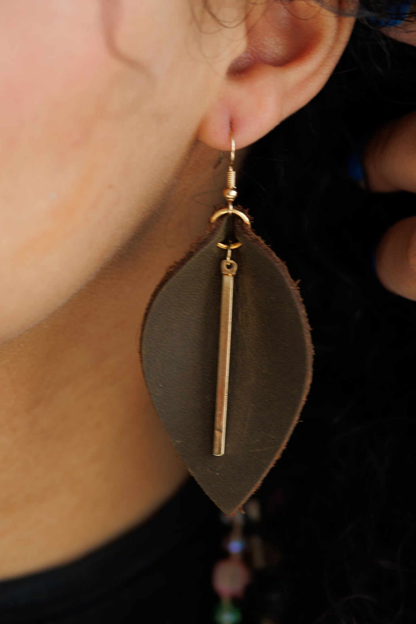 Genuine Leather Leaf Earrings with Gold Bar