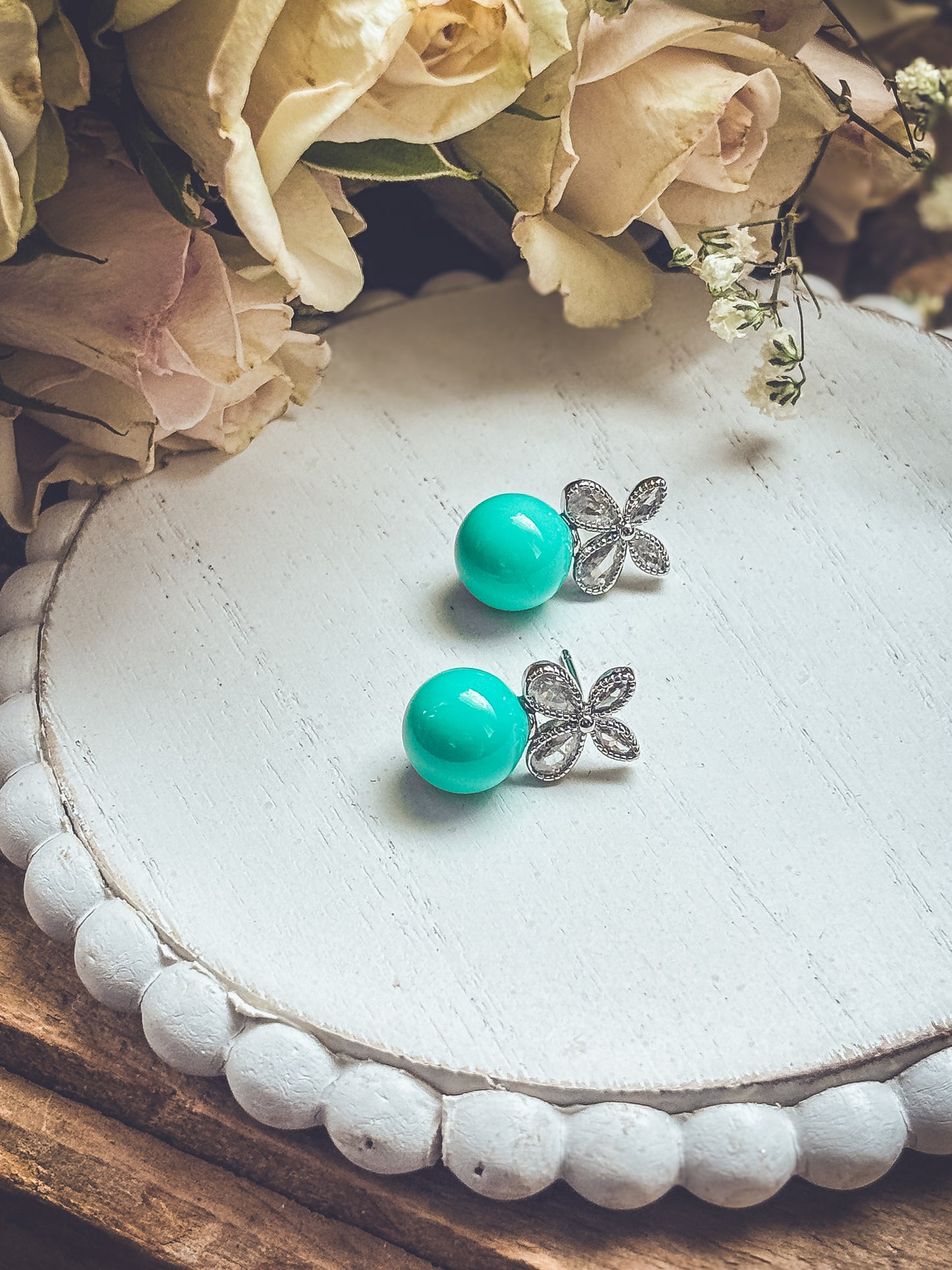 Beautiful Turquoise Ball and Crystal Stud Earrings