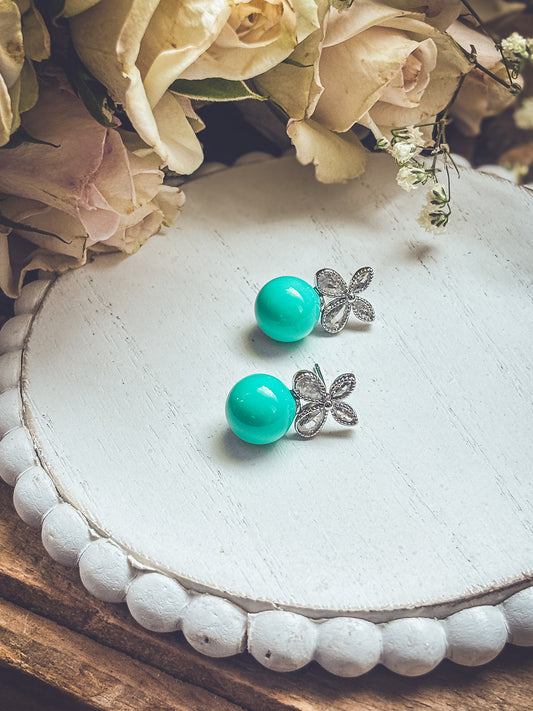 Beautiful Turquoise Ball and Crystal Stud Earrings