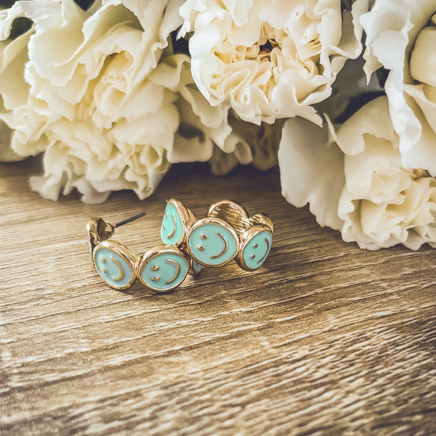 Adorable Smiley Face Hoop Earrings-Mint