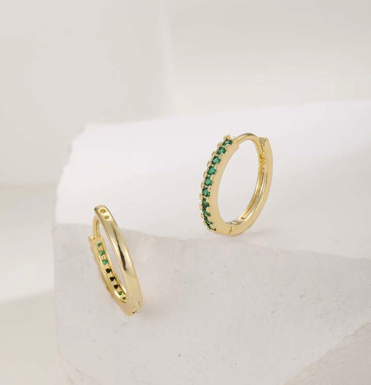 Beautiful Green Gem and Gold Huggies