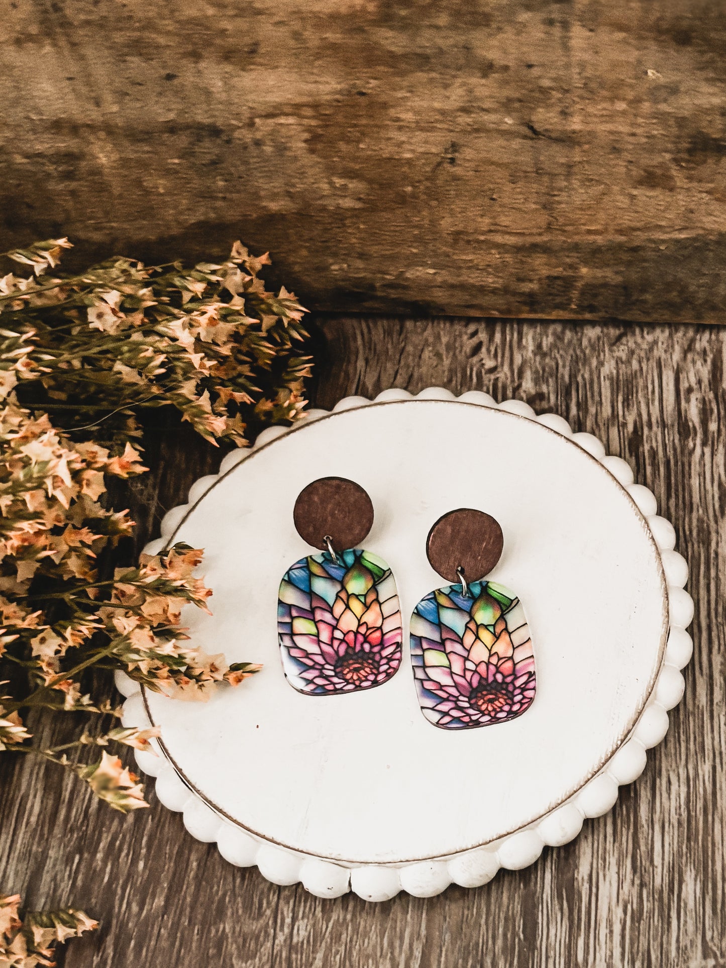 Beautiful Wood and Stained Glass Effect Earrings