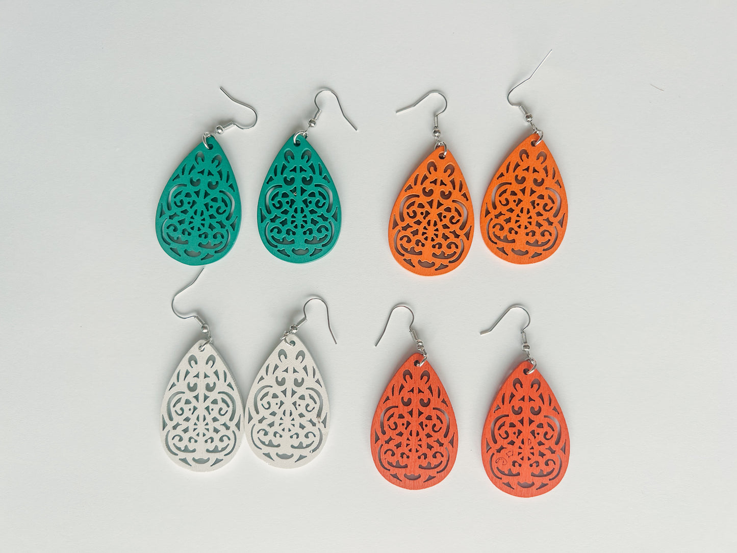 Set of Four Beautiful Carved Wood Earrings
