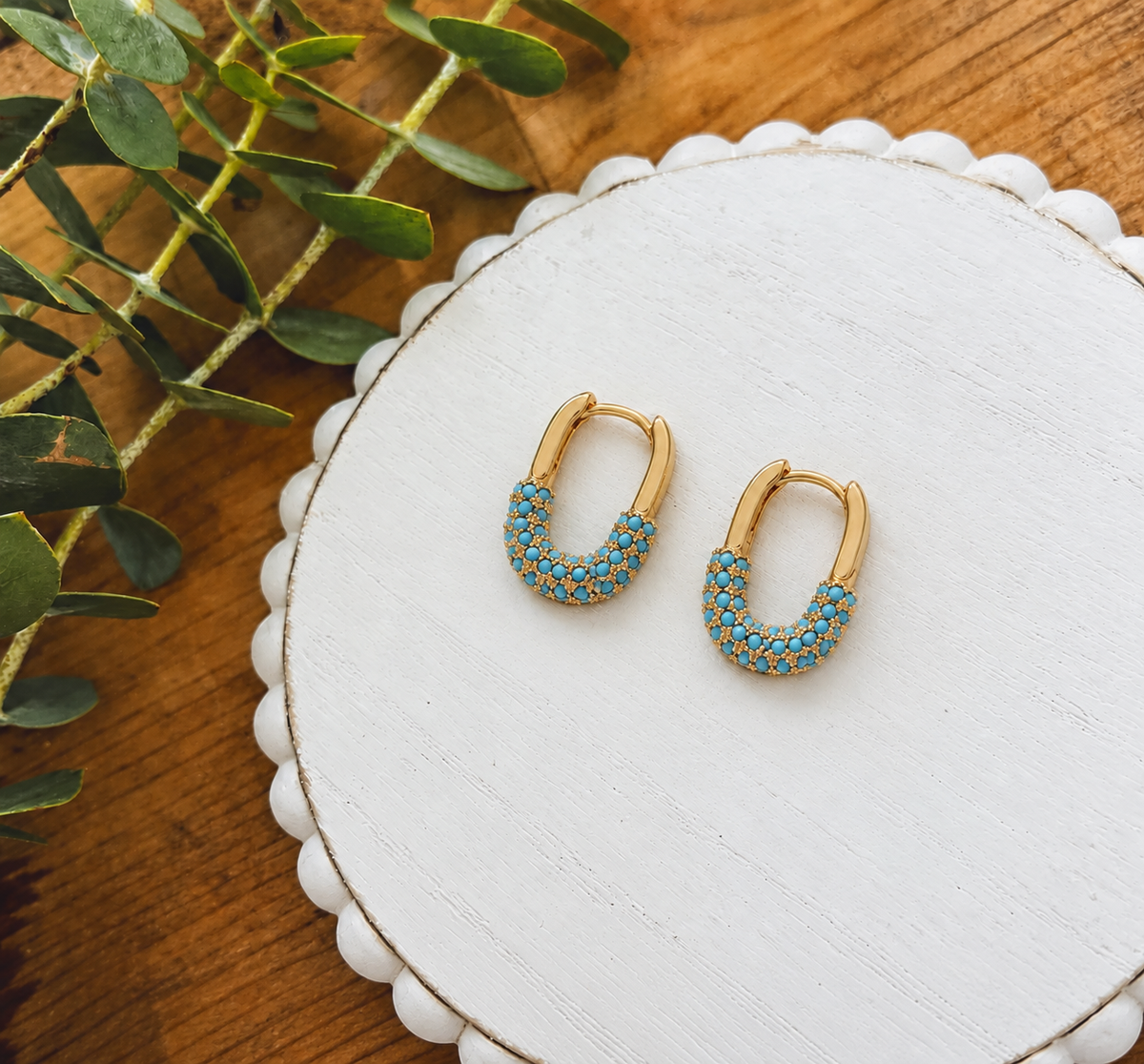 Turquoise Pavé Gold Huggie Hoops
