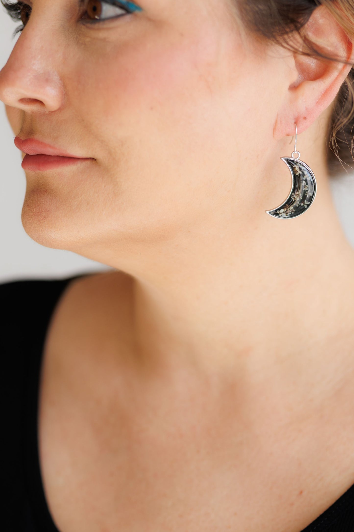 Midnight Moon Crescent Earrings with Pressed Flowers